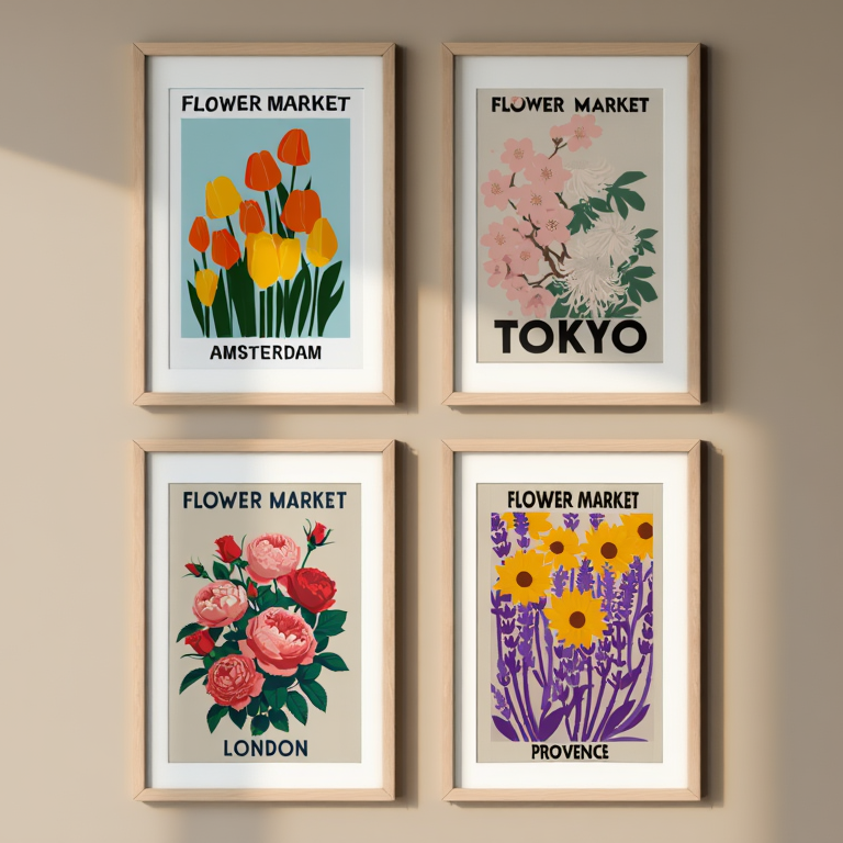 4 Flower Market City Prints – Colorful Travel & Home Wall Art – Hakyarts