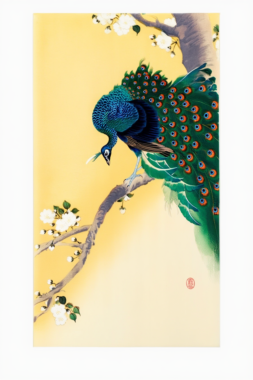 Ohara Koson – Påfugl på et kirsebærblomsttræ – Japansk træblokkunsttryk | Vintage naturvægdekoration