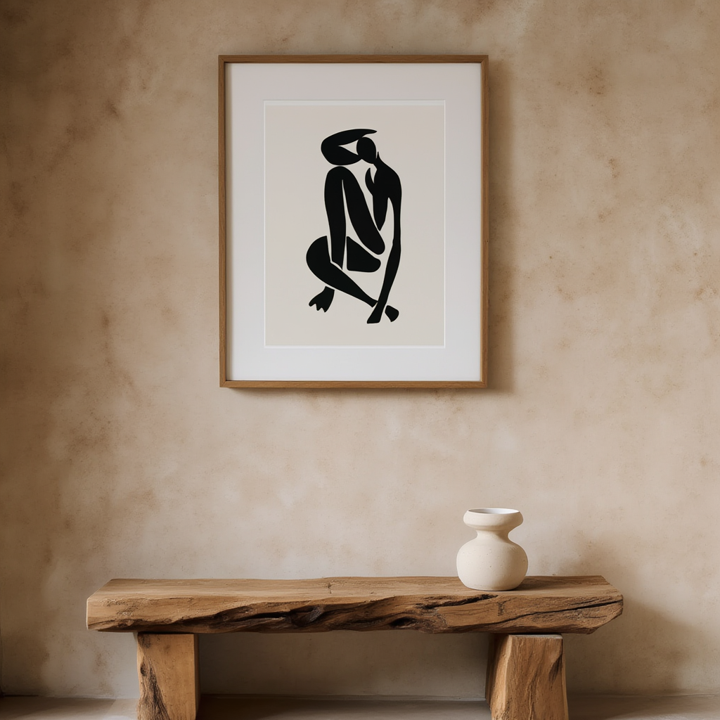 Impression d'art minimaliste en noir et blanc, forme féminine contemporaine inspirée de Matisse