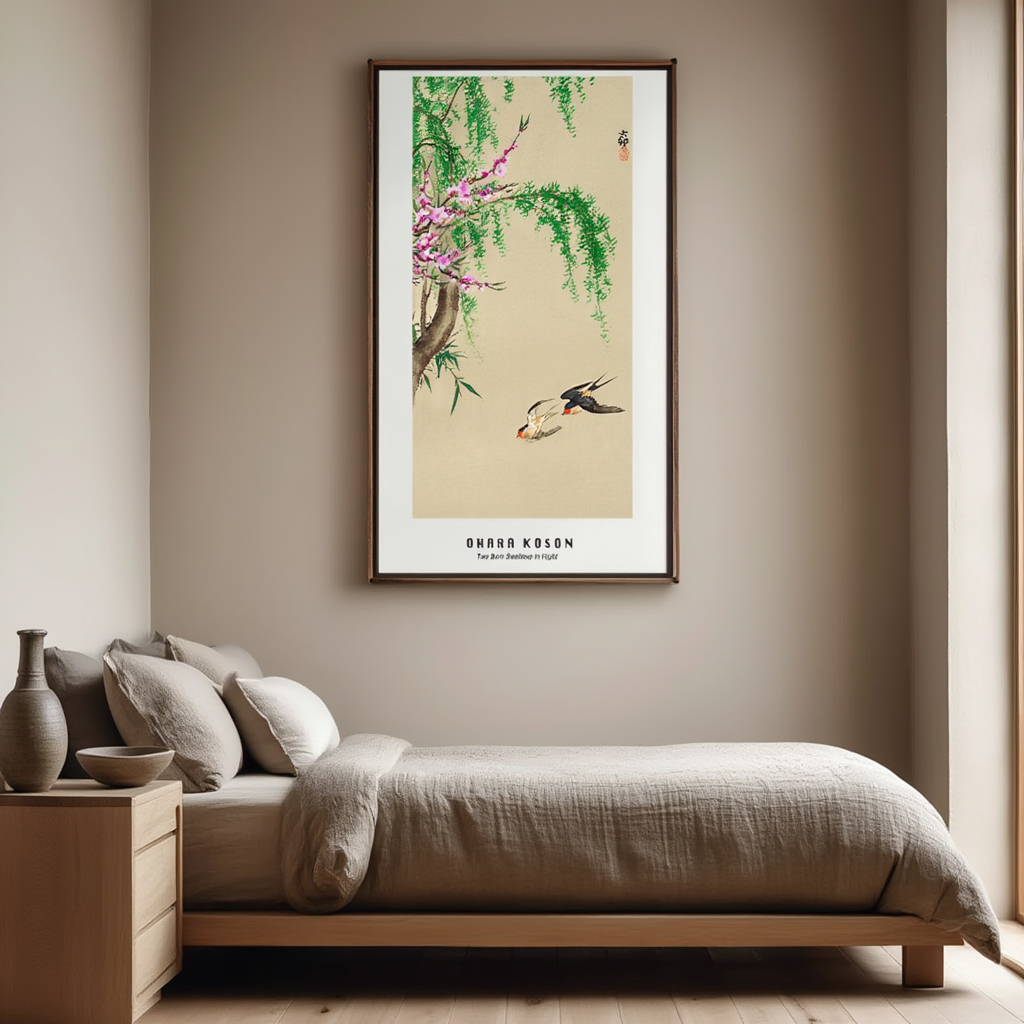 Two Barn Swallows in Flight – Ohara Koson Poster | Japanese Nature Art Print