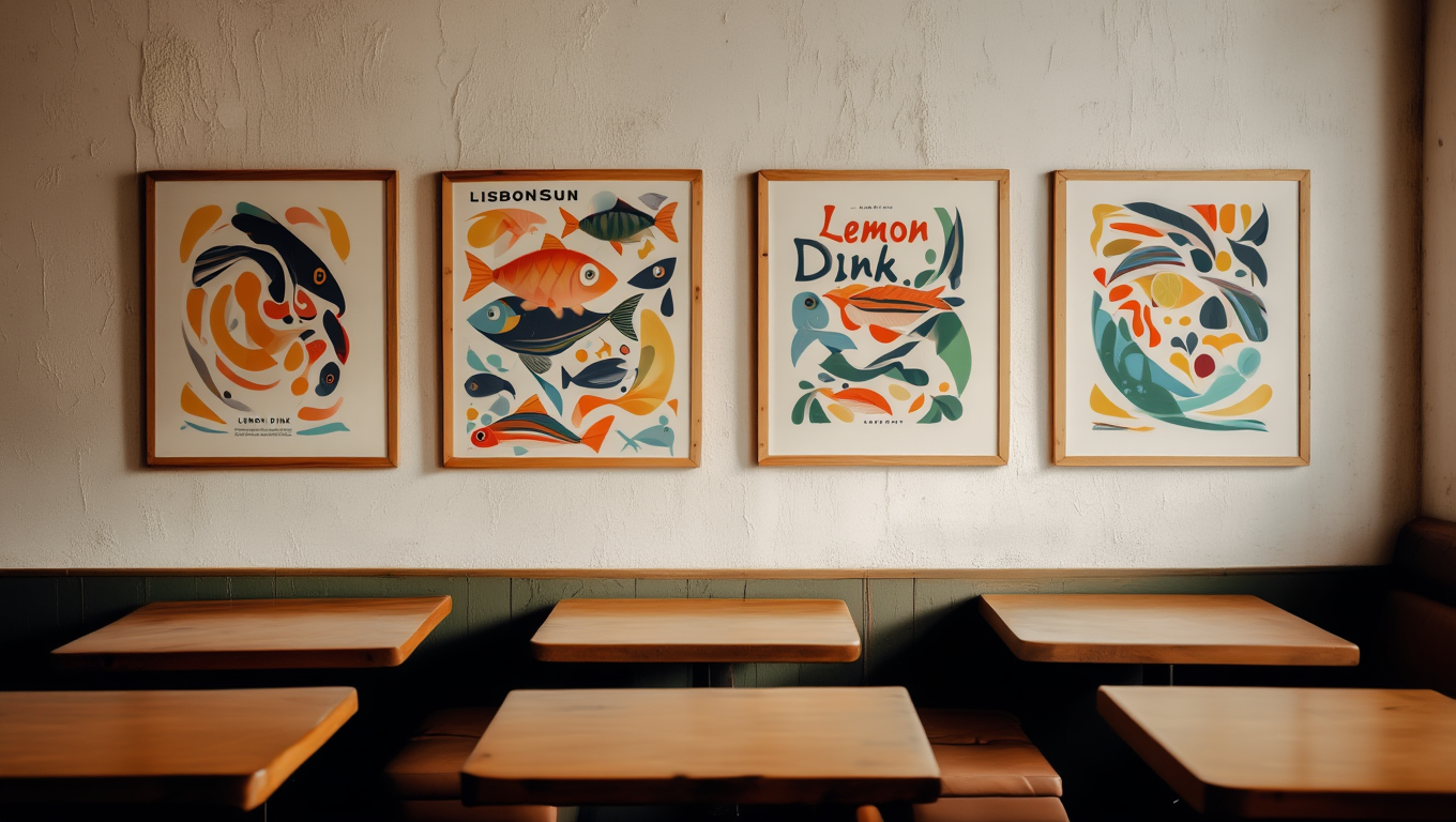 Lisbon Sun Lemon Fish – Living Room Set of 4 Prints