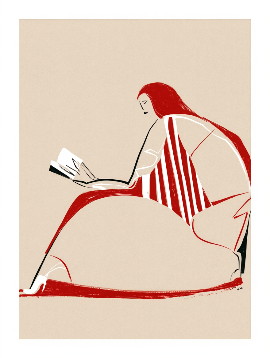 Woman Red Line Art – Reading Print