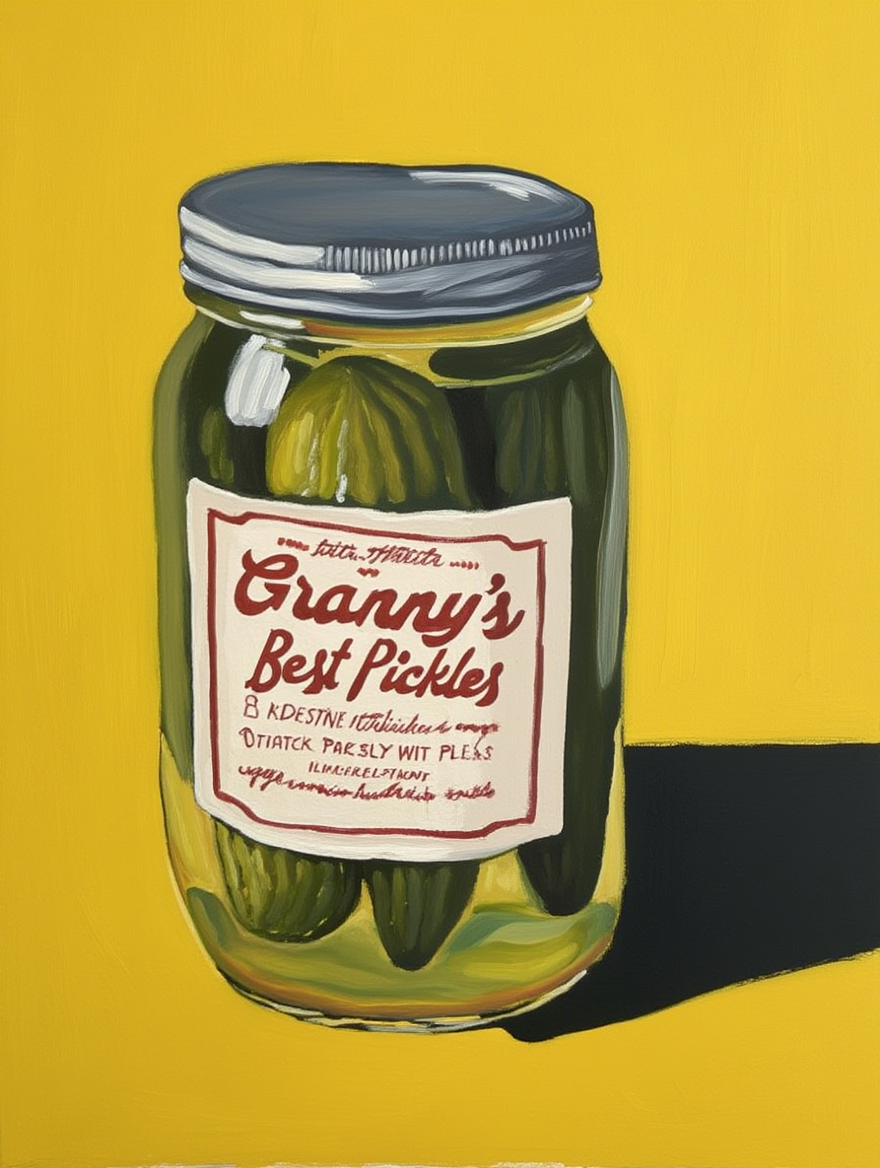 Granny’s Pickles – Whimsical Kitchen Still Life Art Print