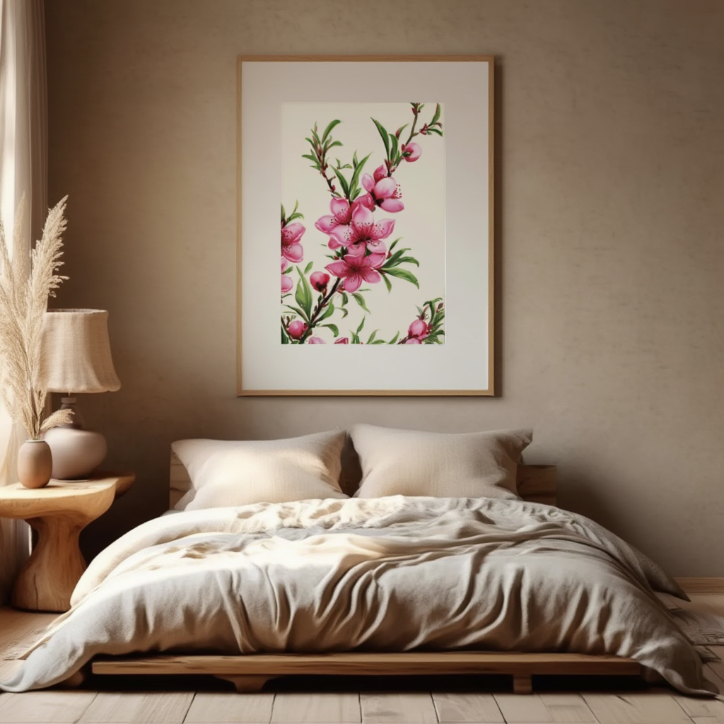 Megata Morikaga – Peach Tree Branches with Leaves and Blossoms | Art Print