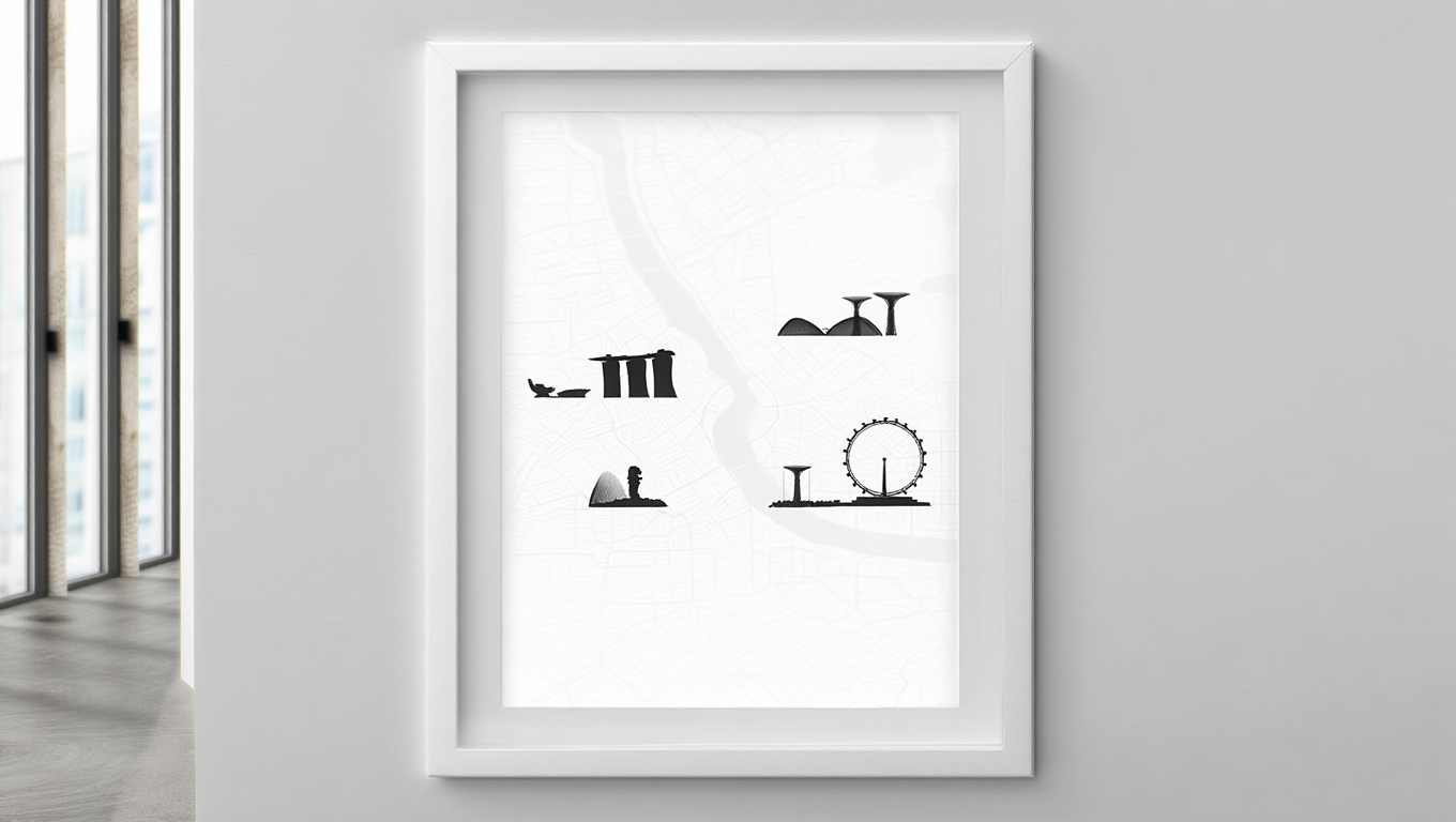 Singapore City Map Poster – Black and White Minimalist Wall Art Print