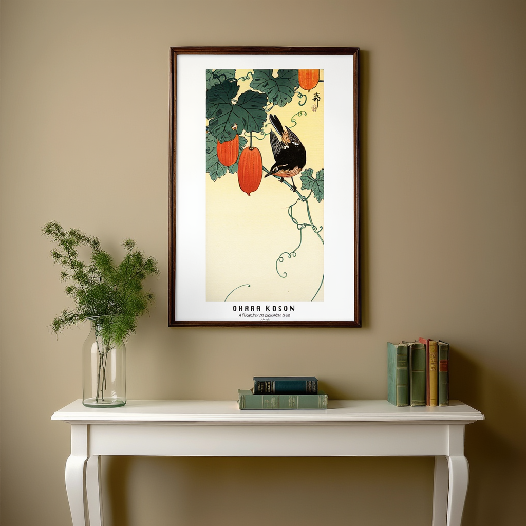 Ohara Koson - A Flycatcher with Cucumber Bush Poster