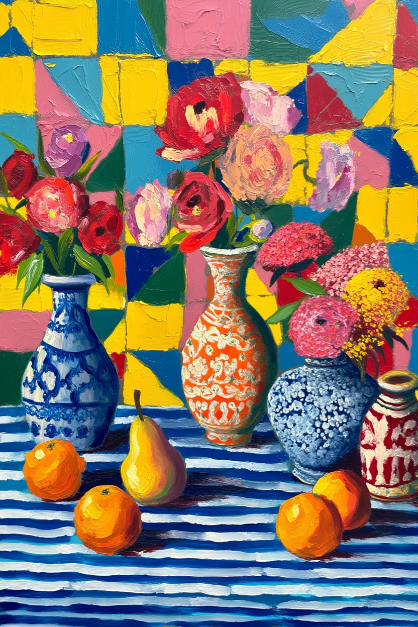 Fresh Flowers on the Table – Contemporary Floral Still Life Illustration