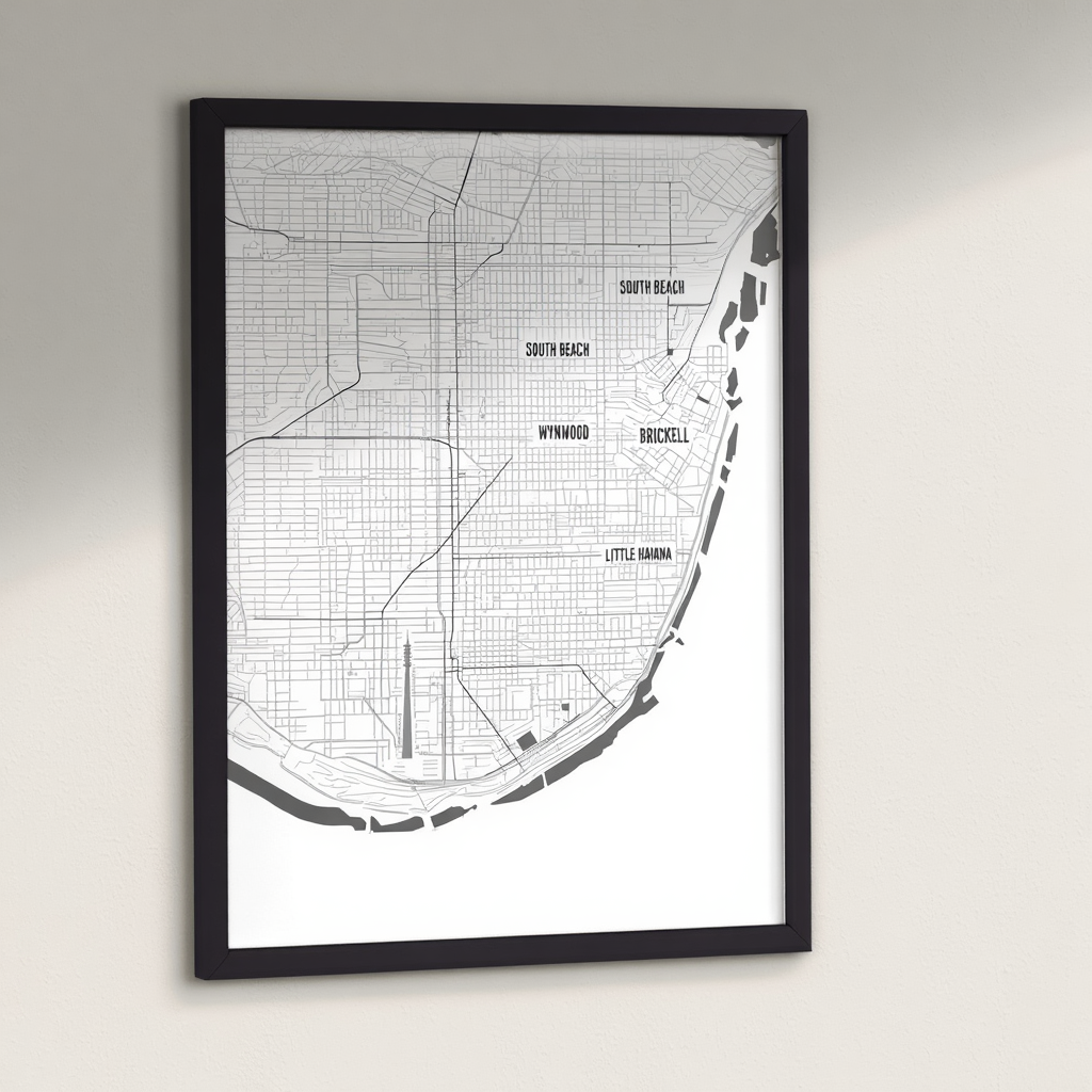 Miami City Map Poster – Minimalist Black & White Urban Wall Art Print
