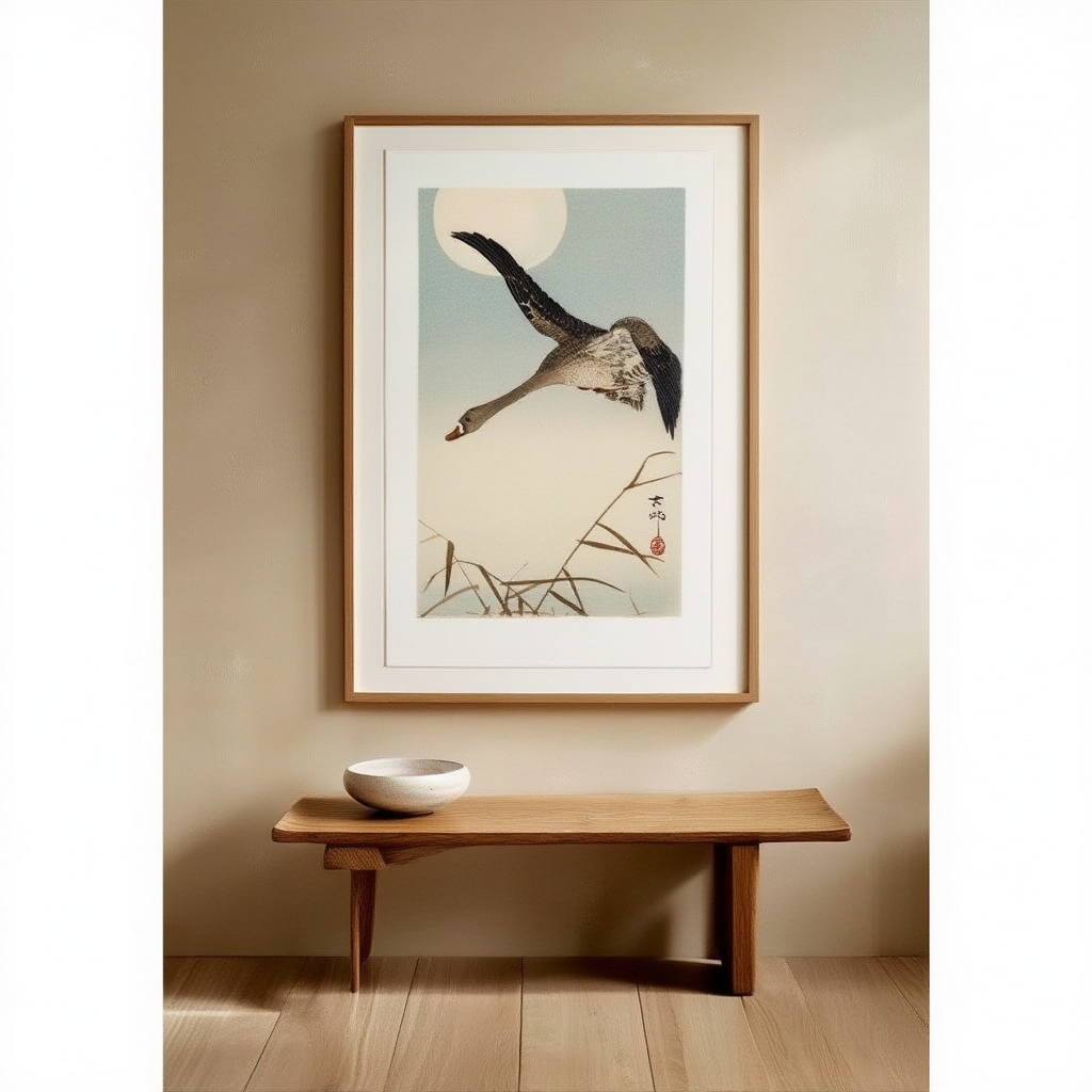 Goose Flying in Moonlight – Ohara Koson Poster | Japanese Nature Art Print