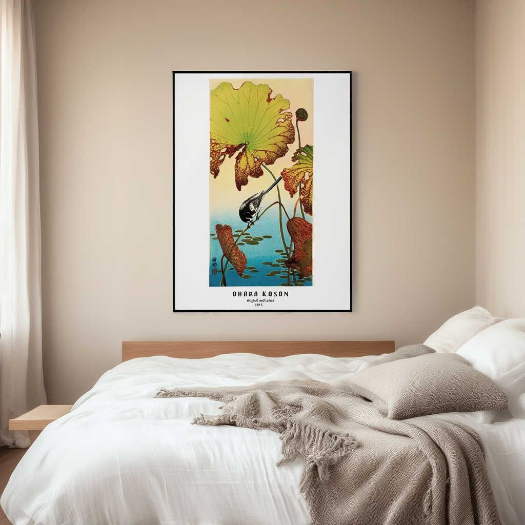 Wagtail and Lotus by Ohara Koson – Classic Japanese Bird-and-Flower Woodblock Art Print - Hakyarts