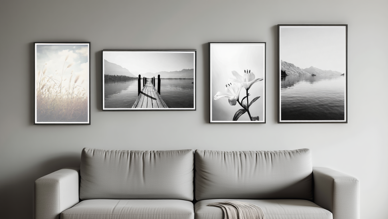Monochrome Nature: 4 Black & White Landscape & Floral Prints Set