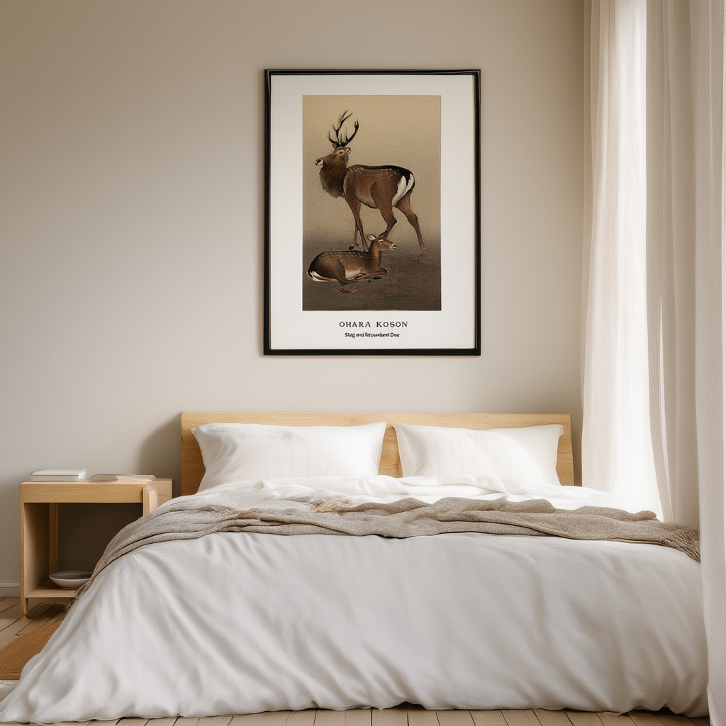 Ohara Koson – Stag and Recumbent Doe – Elegant Japanese Nature Art Print - Hakyarts
