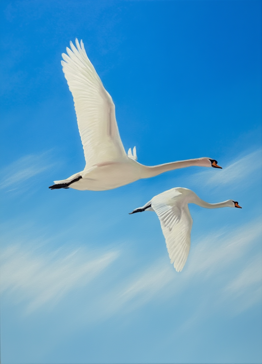 Flying Swans in Blue Skies Art Print – Minimalist Nature Wall Art