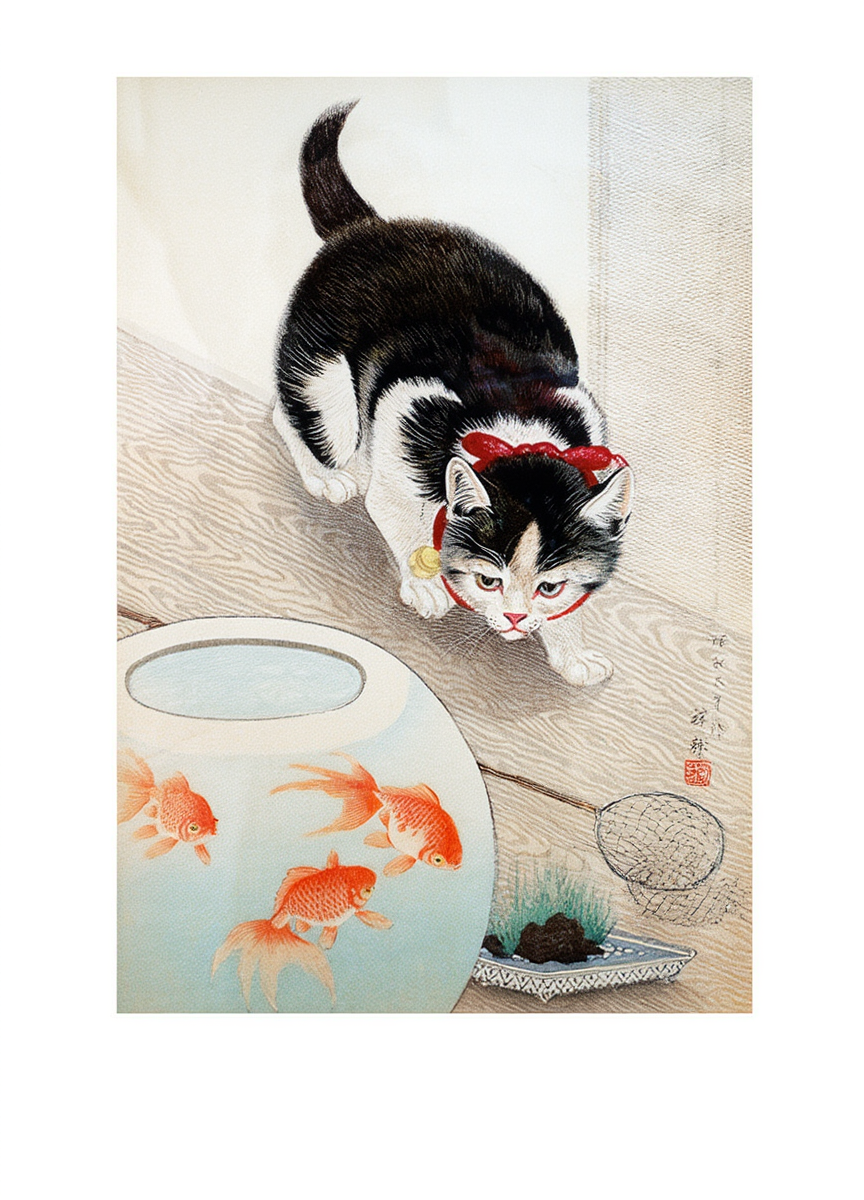 Cat and Bowl of Goldfish – Ohara Koson Poster | Japanese Nature Art Print