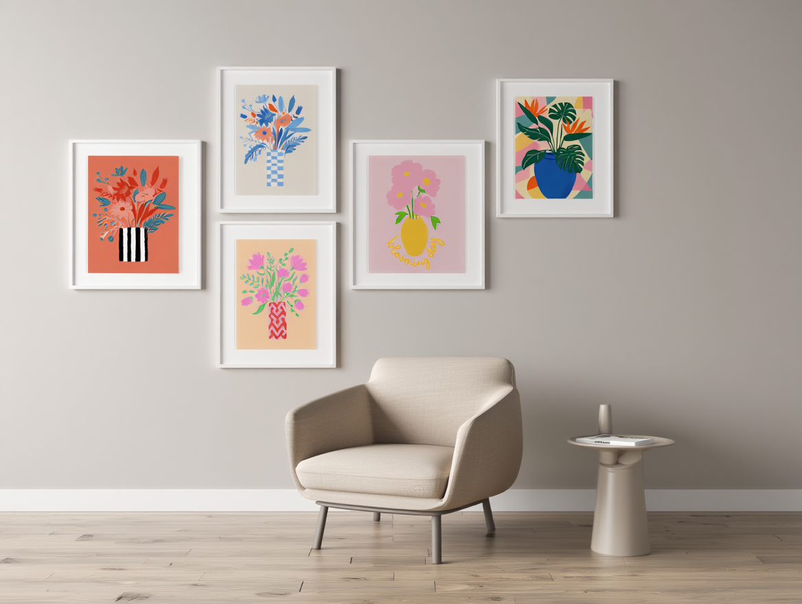 5 Geometric Vase & Wildflower Prints – Modern Minimalist Wall Art for Living Room, Kitchen & Office Decor