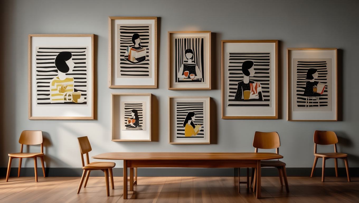 Black Striped Grid Girl – Abstract Wall Art Set for Living Room & Café - Set of 5 Prints