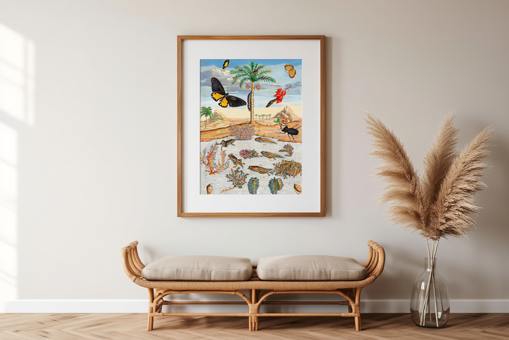Insects and Fish with Island Background – Maria Sibylla Merian Botanical Art Print