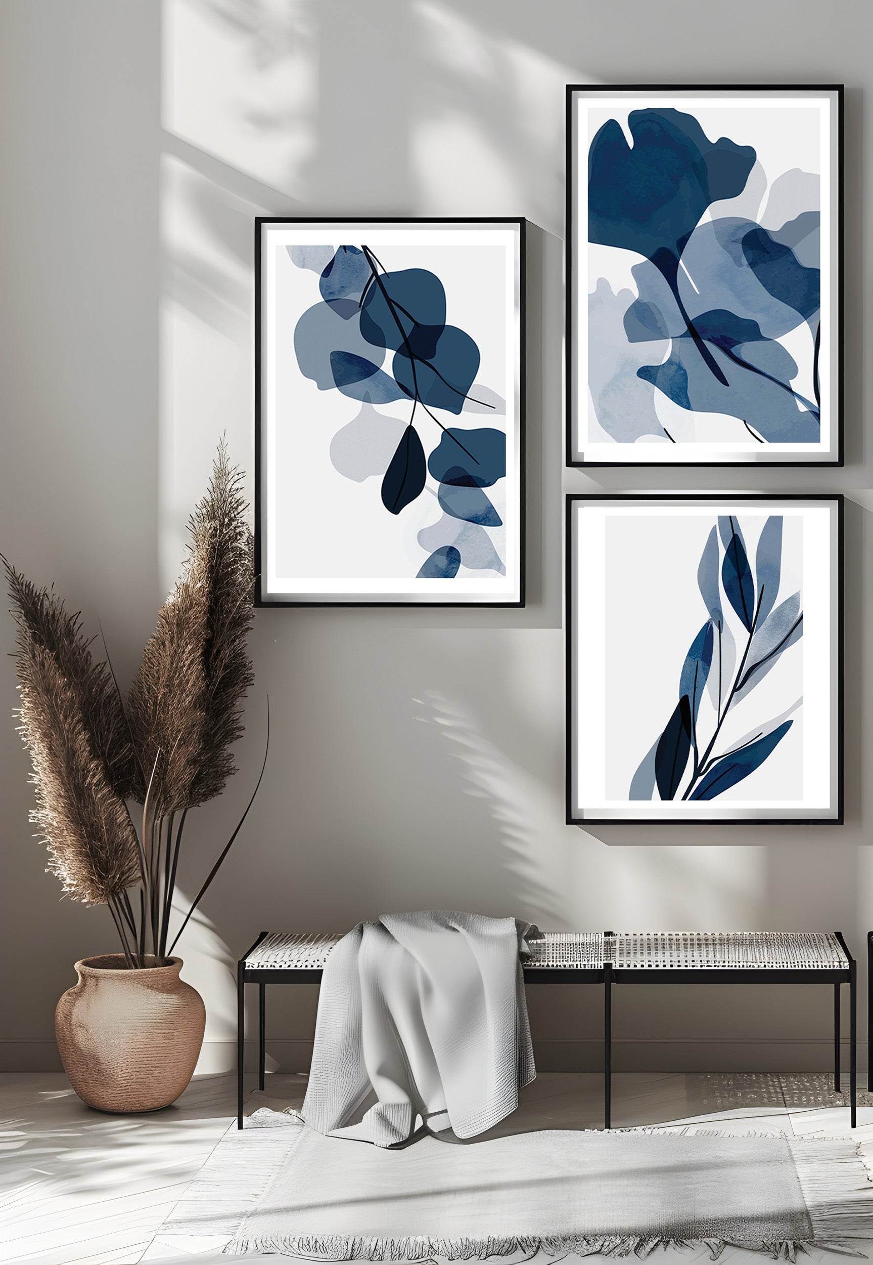 Abstract Blue Watercolour Leaves Posters Trio Pack - Hakyarts