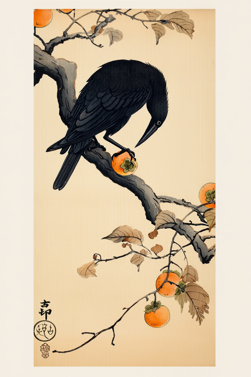 Ohara Koson - Crow eating a Persimmon Poster
