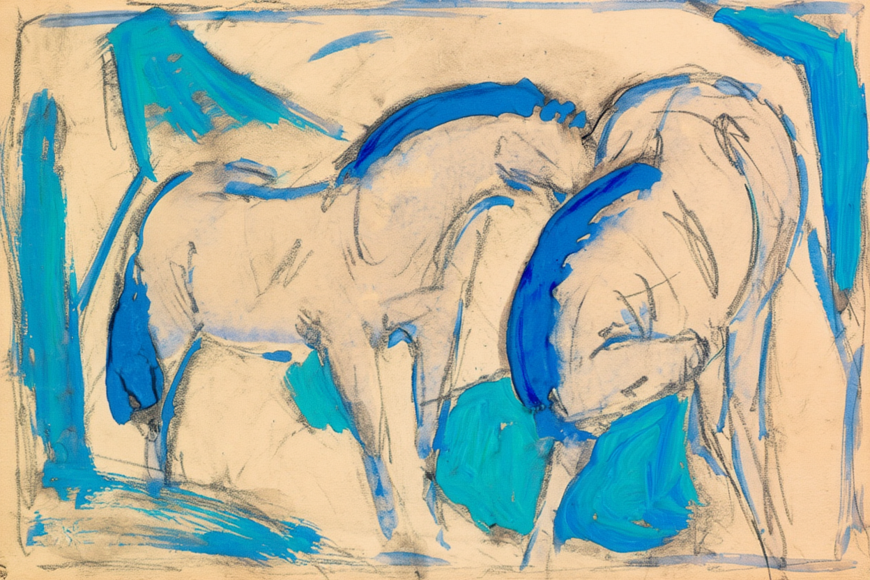 Set of 2 Wall Art Prints – Flying Swans Nature Scene & Franz Marc Expressionist Horses Collection