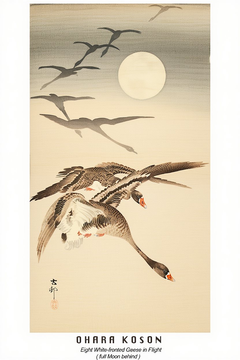 Ohara Koson - Eight-White Fronted Geese in Flight Poster