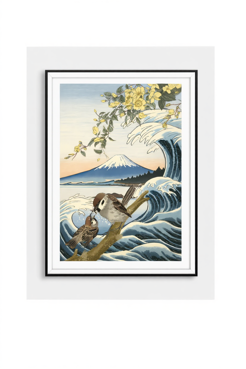 6 Japanese Art Posters – Ohara Koson & Hokusai Inspired, Mount Fuji Sunrise & Giant Wave Canvas Prints for Modern Wall Decor