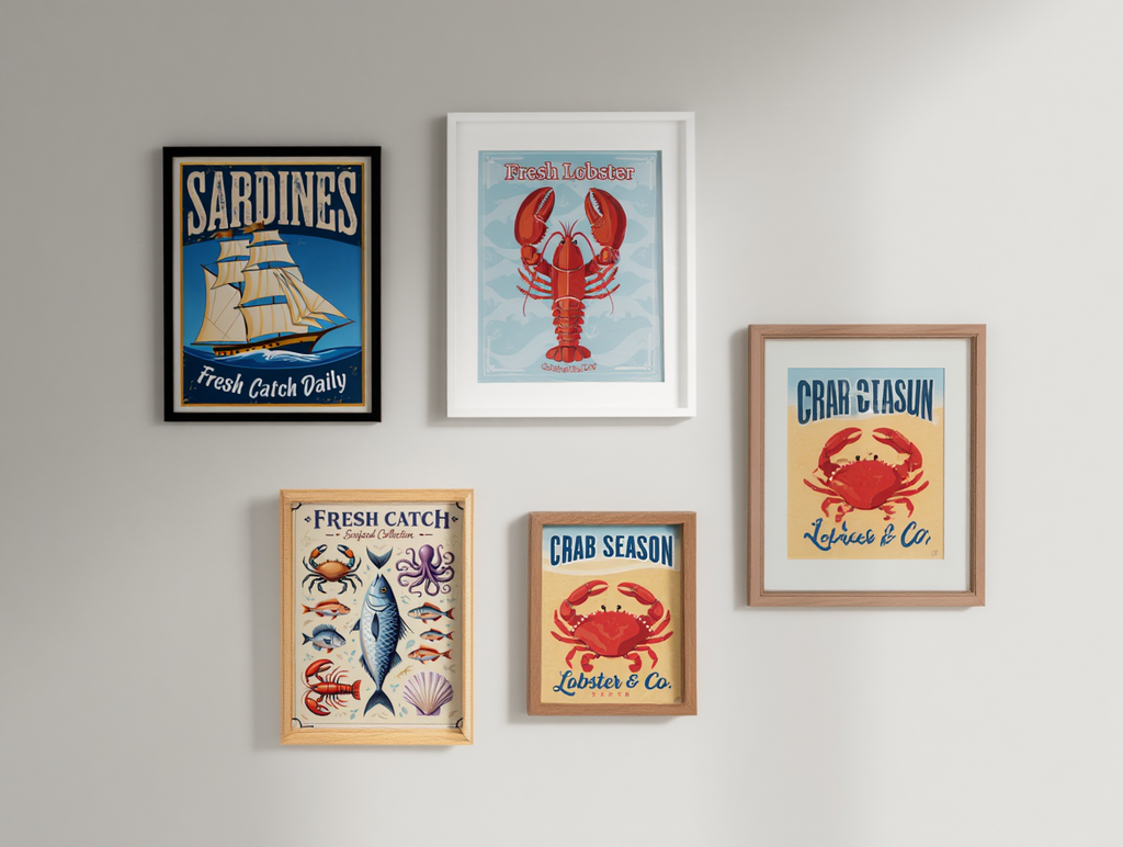 4 Retro Seafood Posters – Sardines, Crab, Lobster & Fish Wall Art Prints
