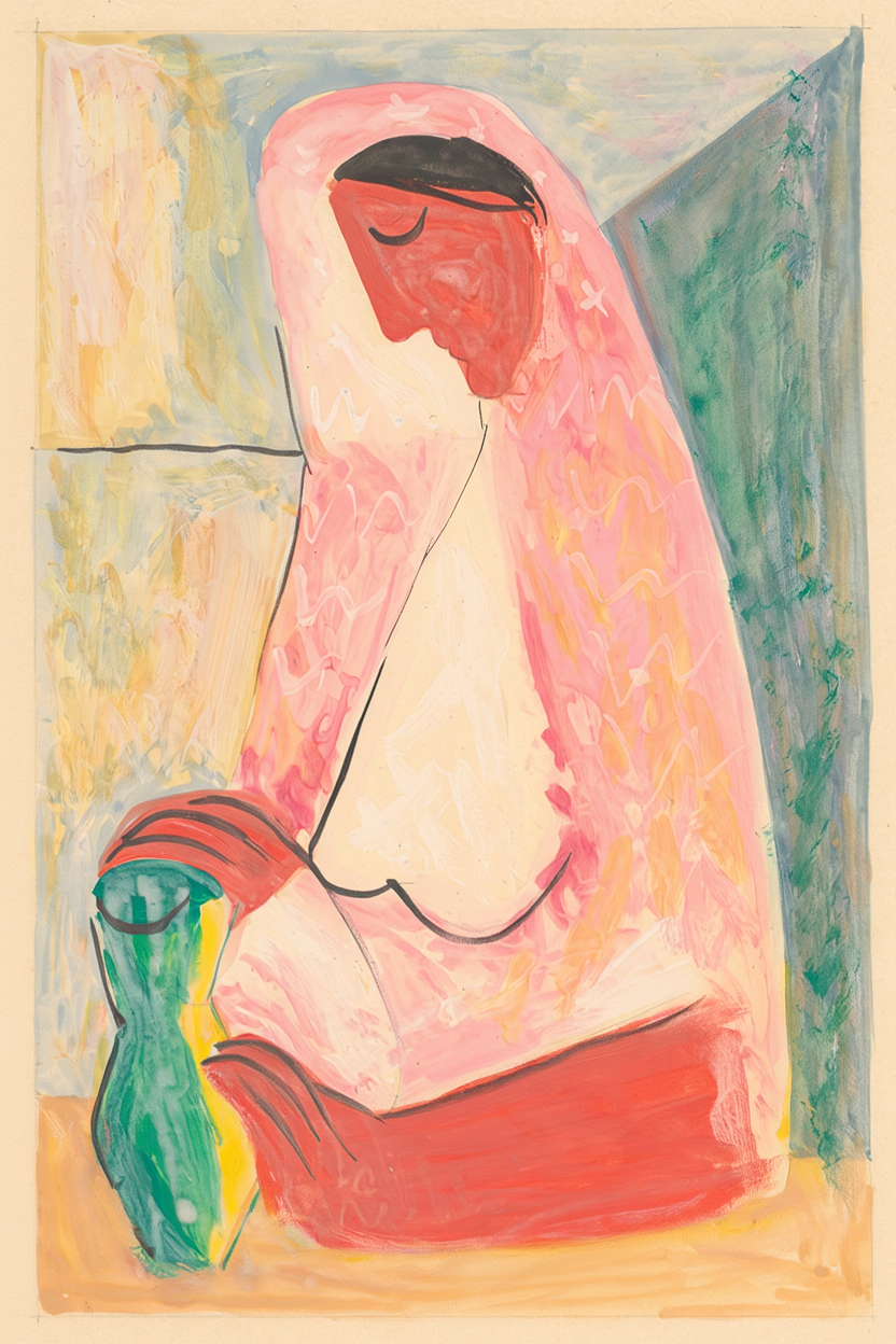 Set of 2 Sage Green Seated Woman + Woman with a Vase by Mikuláš Galanda | Contemporary Figurative Wall Art Prints