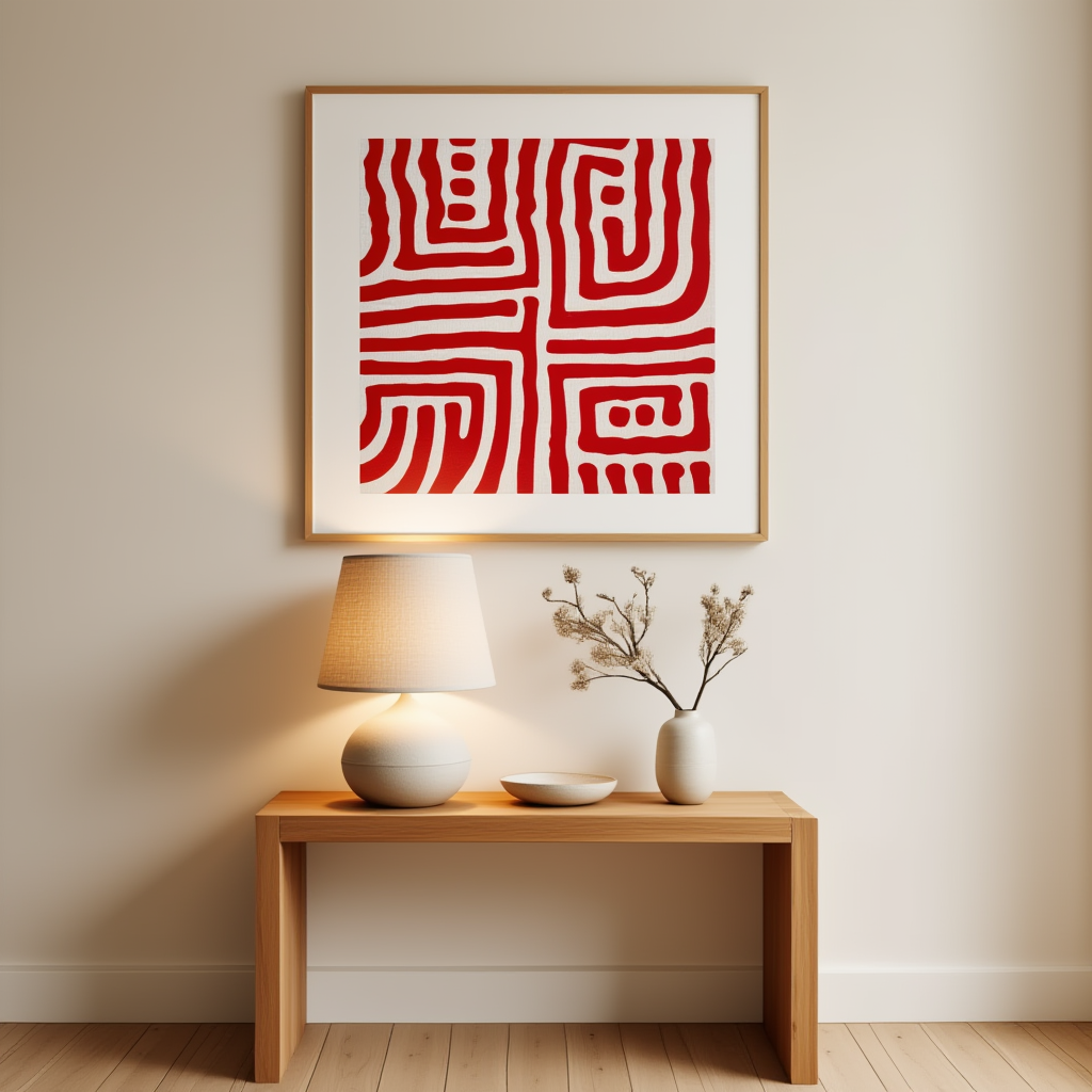 Geometric Maze Bold Red Abstract Art Poster