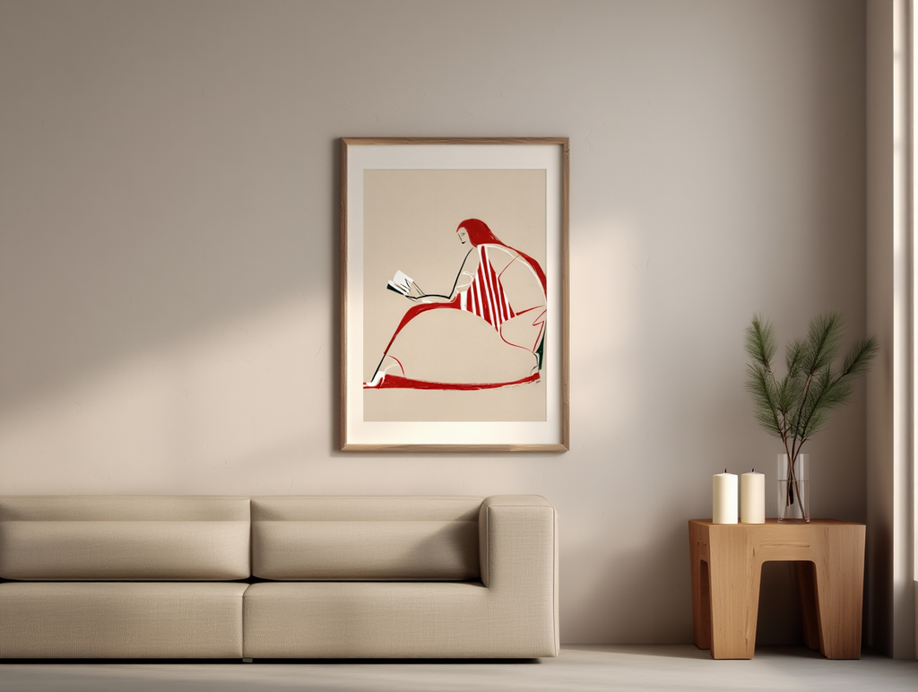 Woman Red Line Art – Reading Print