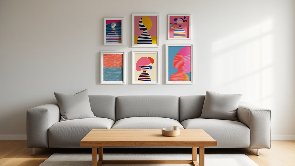 Striped Girl Reading – Set of 5 Modern Bedroom Art Prints
