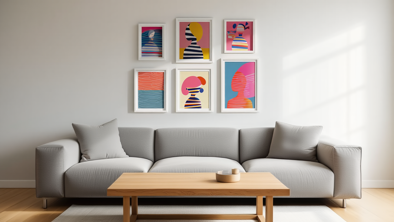 Striped Girl Reading – Set of 5 Modern Bedroom Art Prints