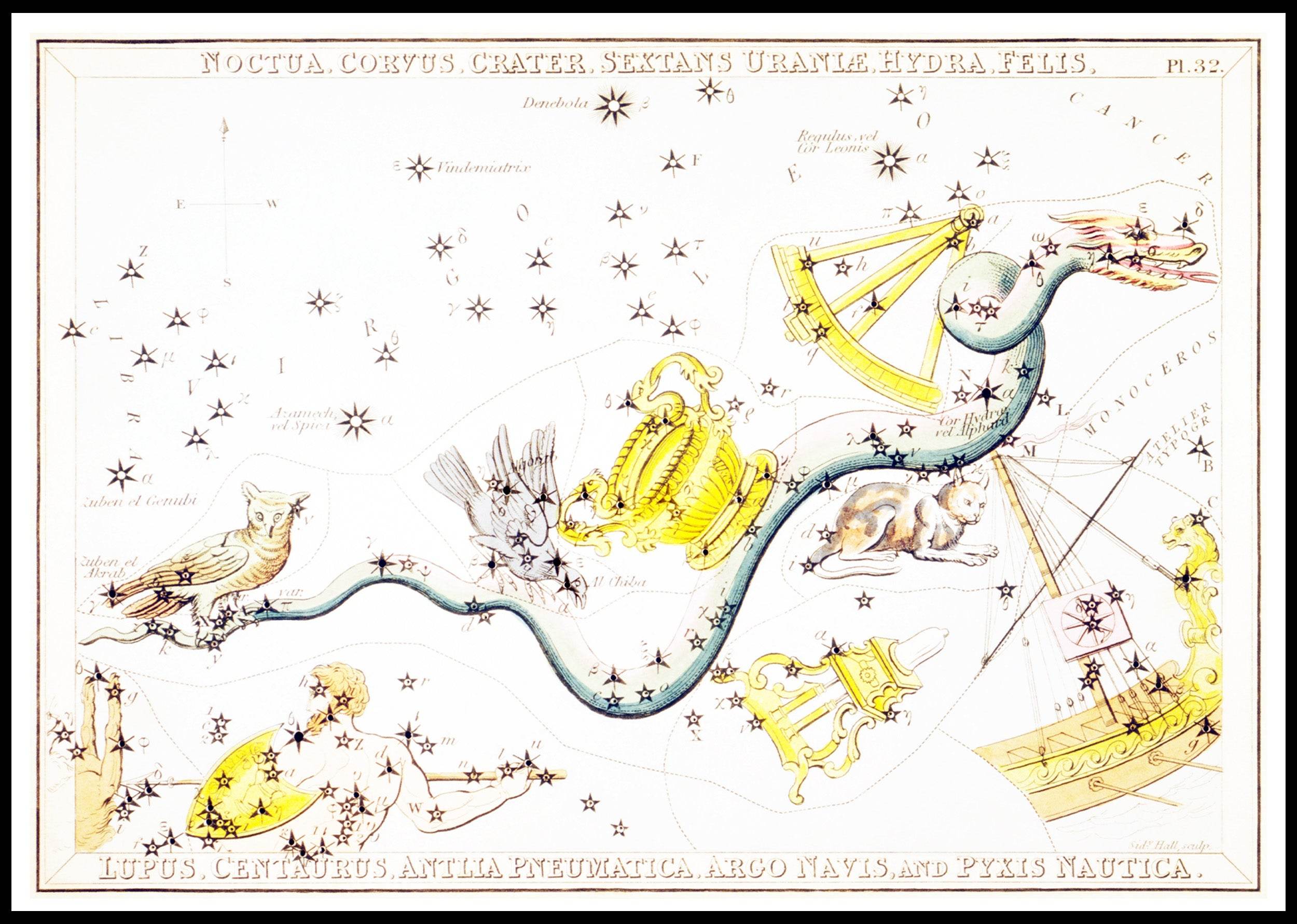 Noctua, Corvus, Crater, Sextans Uraniæ, Hydra, Felis, Lupus, Centaurus, Antlia Pneumatica, Argo Navis, and Pyxis Nautica - Hakyarts
