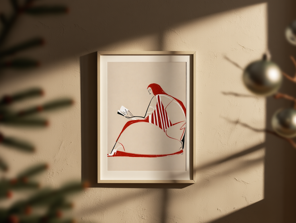 Woman Red Line Art – Reading Print