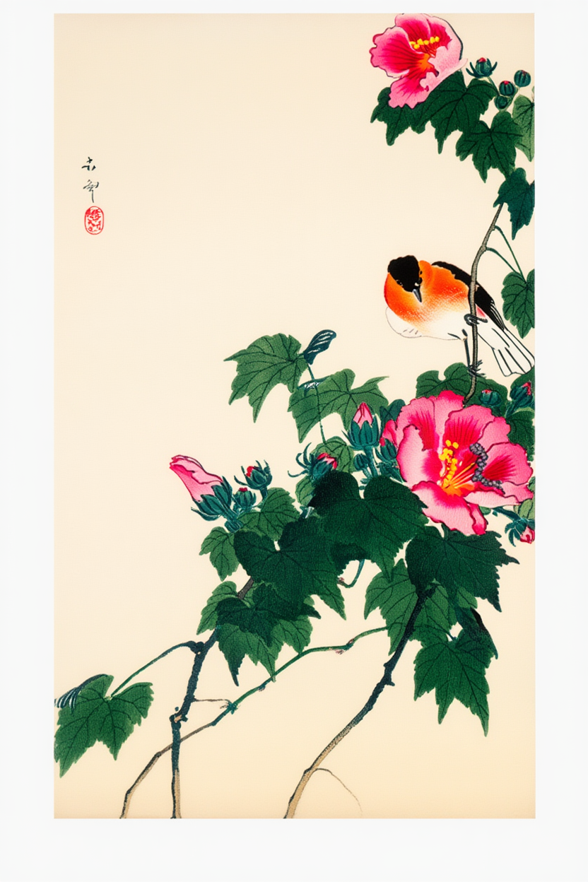 Stonechat on Blossoming Flower – Ohara Koson Poster | Japanese Nature Art Print