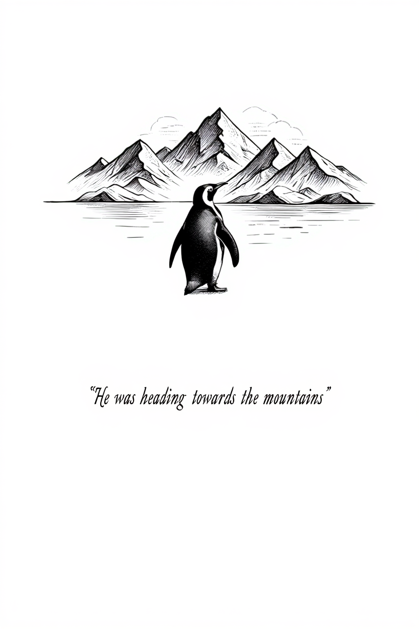 He Was Heading Towards the Mountains – Penguin Art Print