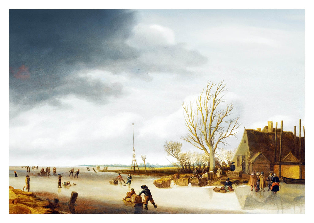 Winter Landscape With A Boy On Skates Pushing A Sled - Hakyarts
