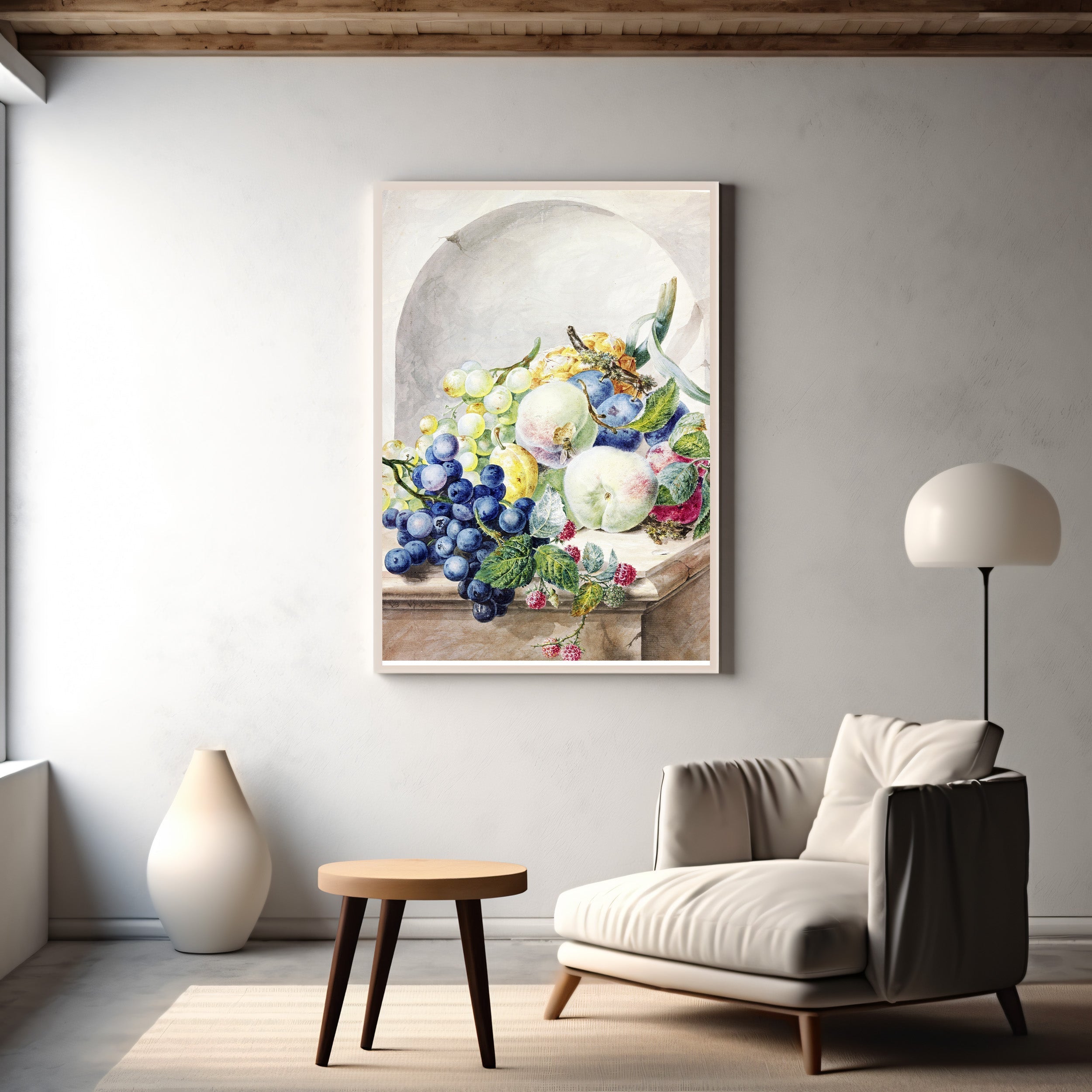 Piece of fruit in a niche on a marble table, plums, peaches, grapes and blackberries