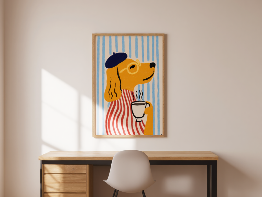 French Golden Retriever – Dog Holding Coffee Print