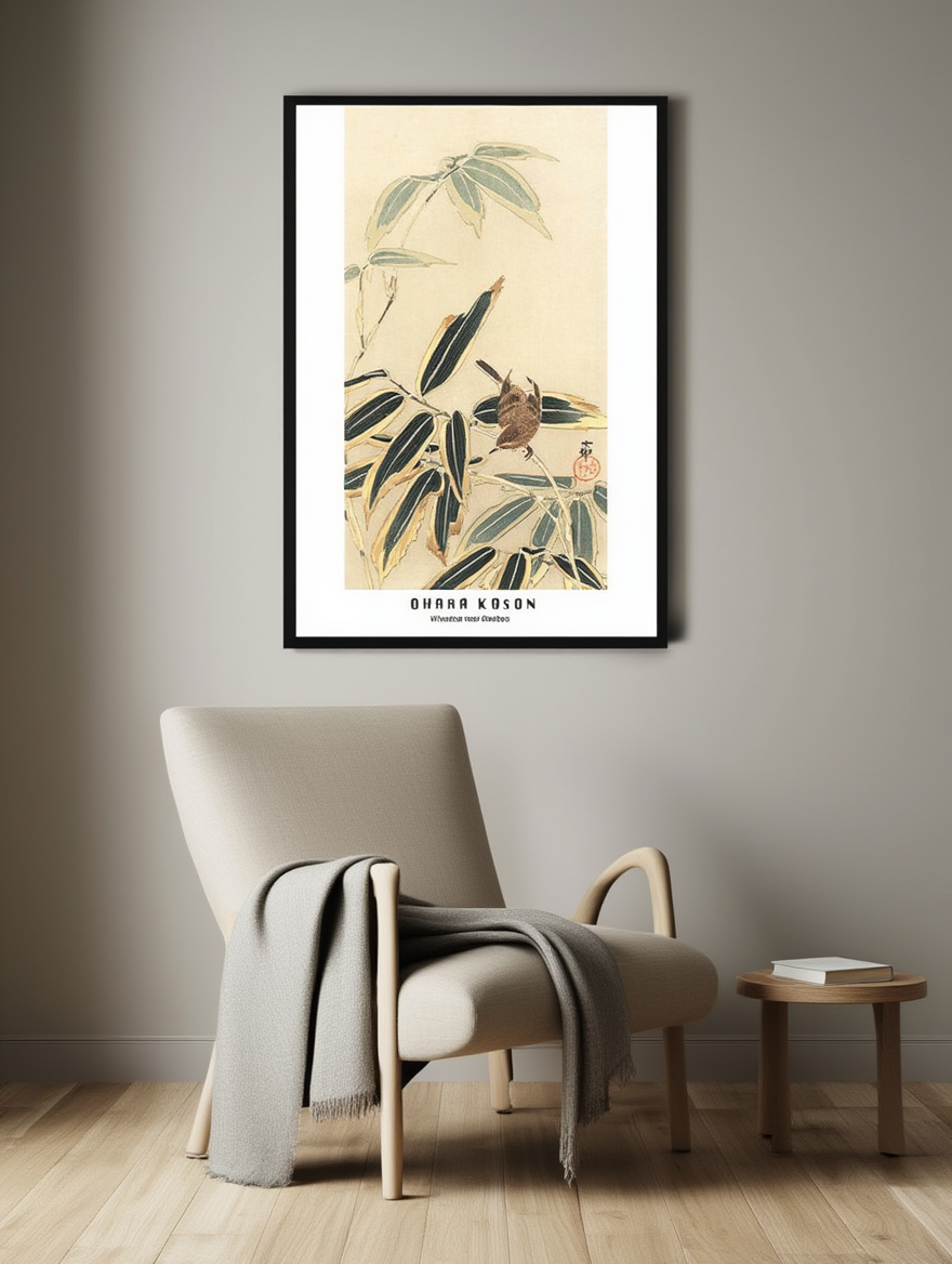 Ohara Koson - Wheatear near Bamboo Poster
