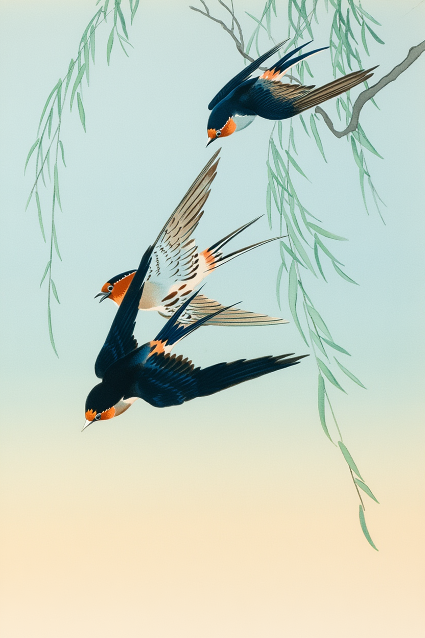 Three Birds in Full Flight – Ohara Koson Poster | Japanese Nature Art Print
