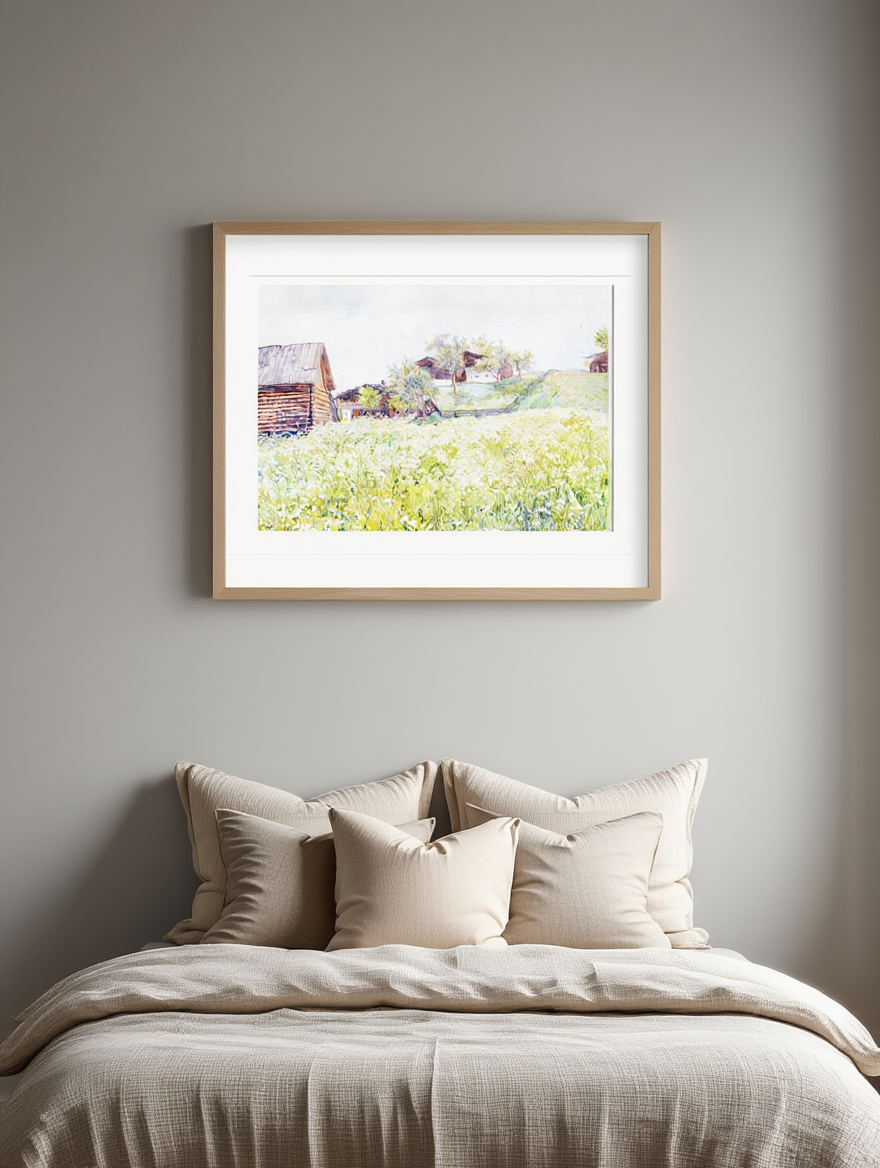 Farm Houses with White Blooming Field – Marie Egner | Classic Landscape Art Print