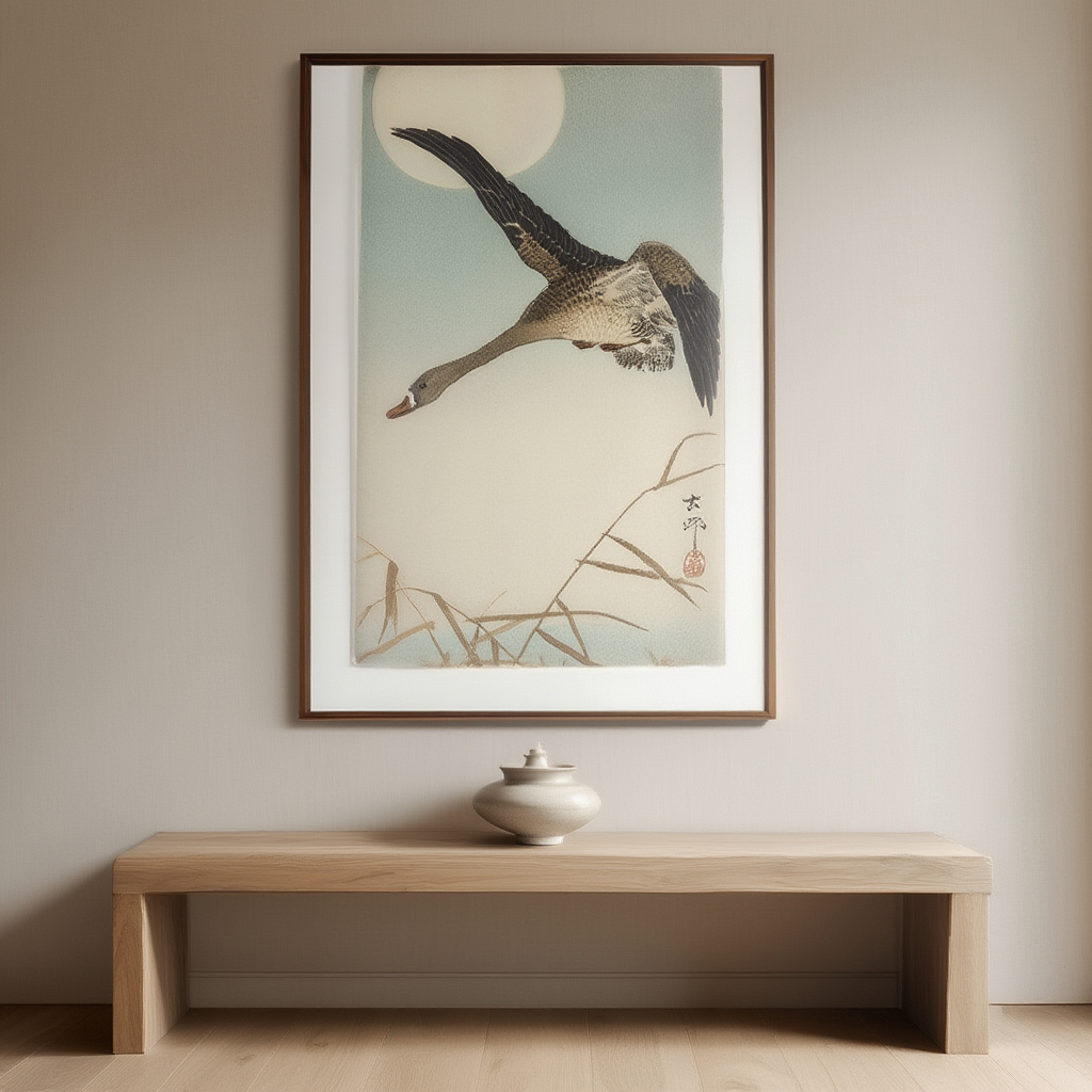 Goose Flying in Moonlight – Ohara Koson Poster | Japanese Nature Art Print