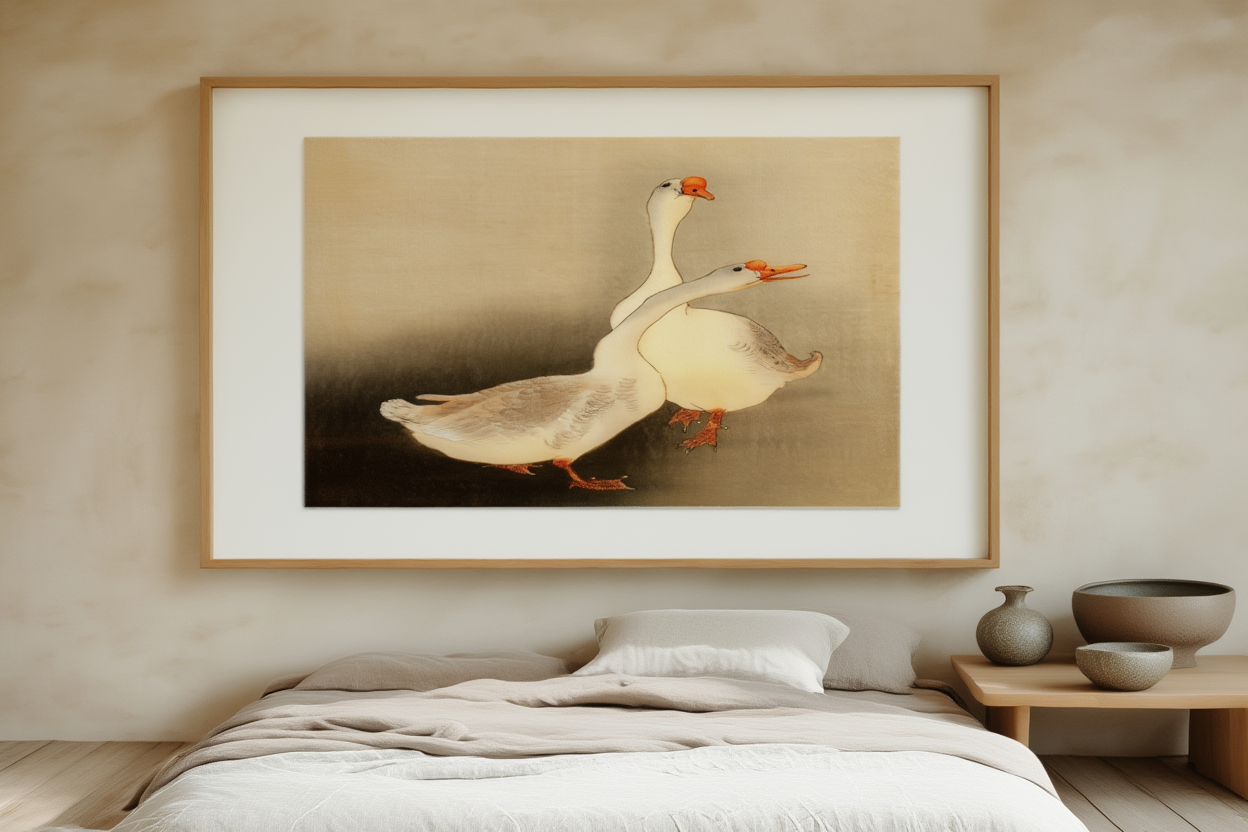 Two White Geese – Ohara Koson Poster | Japanese Nature Art Print