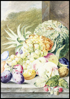 Piece of fruit, melon, pineapple, grapes, peaches, plums, nuts