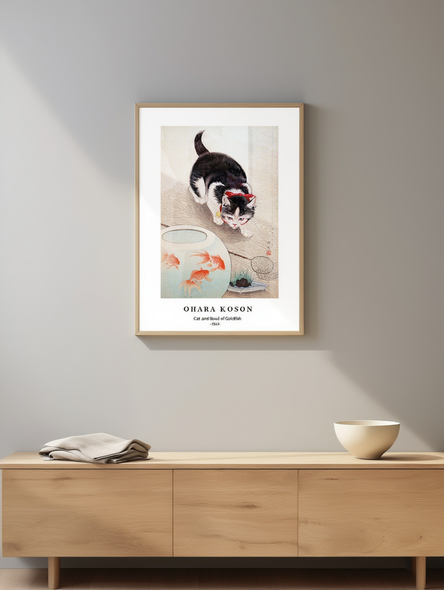 Ohara Koson - Kat og skål med guldfisk-plakat