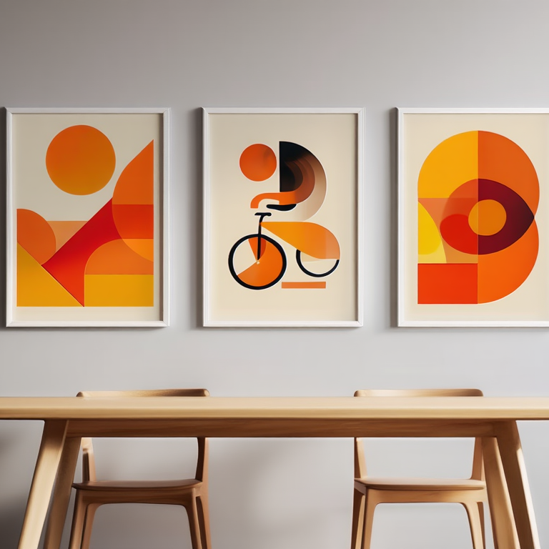 Abstract Orange Bauhaus Bicycle – Office Set of 3 Prints