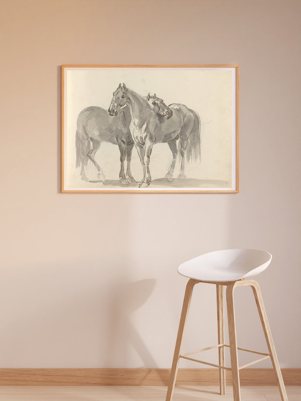 Elephant and Horse Pair – Black & White Animal Drawing Print  Wall Art