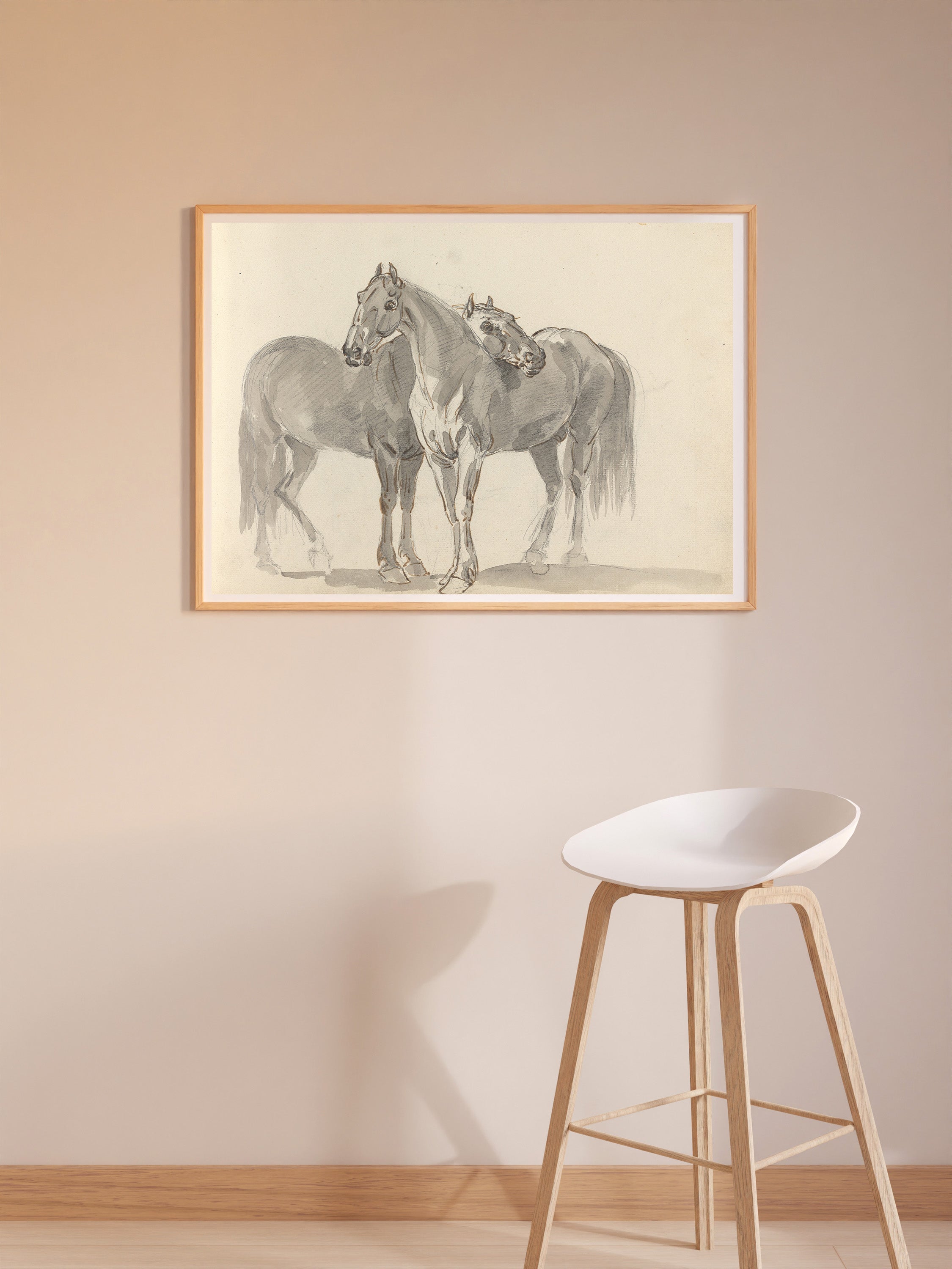 Elephant and Horse Pair – Black & White Animal Drawing Print  Wall Art