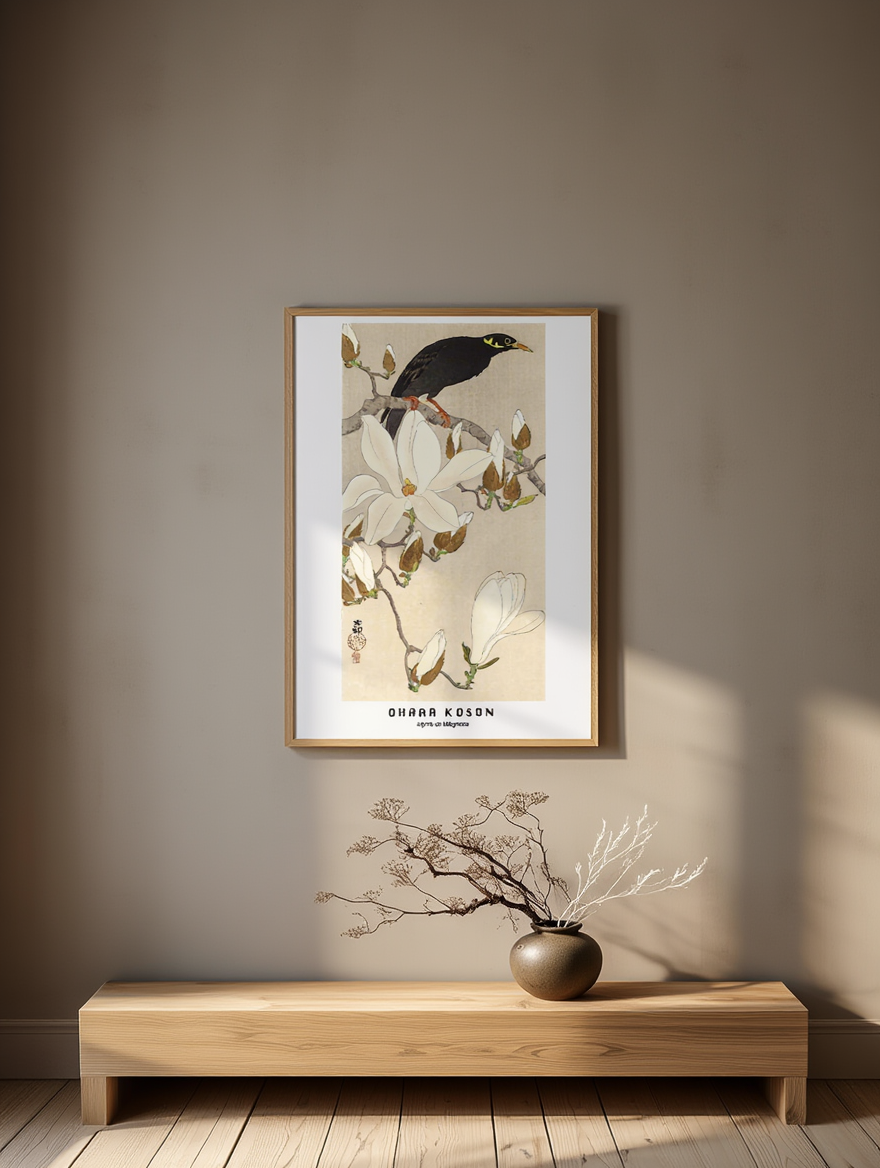 Ohara Koson - Myna på Magnolia-plakat